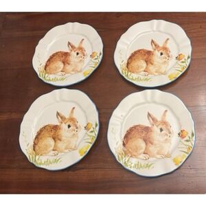 Set Of 4 Easter Spring Bunny Rabbit Plates w/h Blue Rim